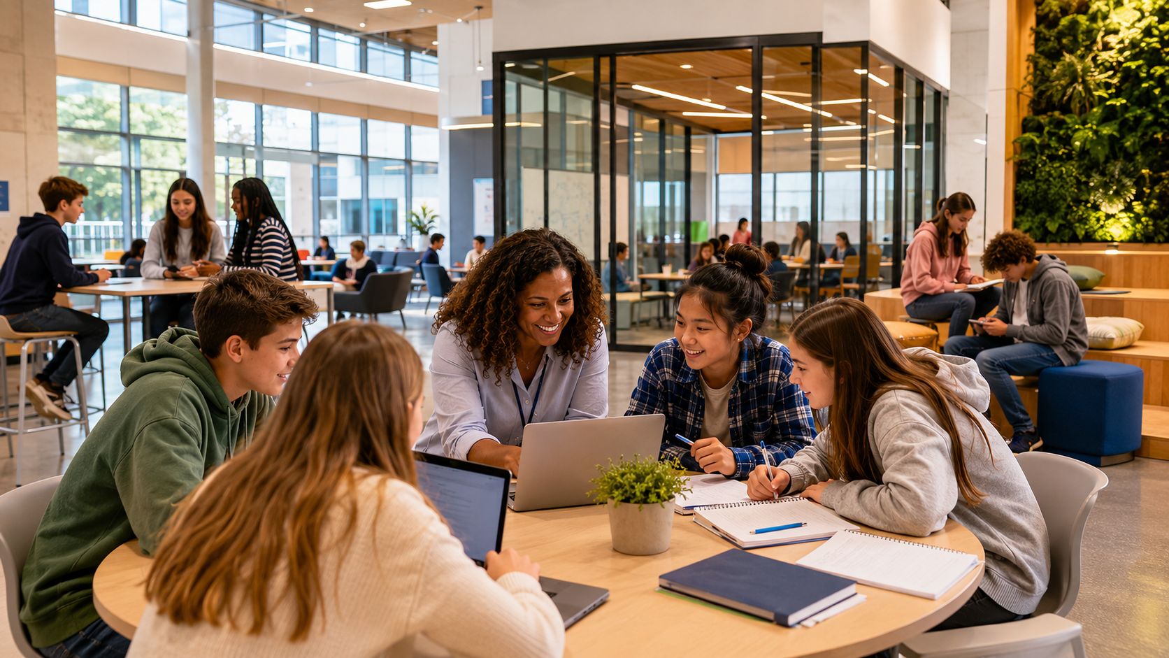 Students and a mentor collaborating around a table in a bright learning commons